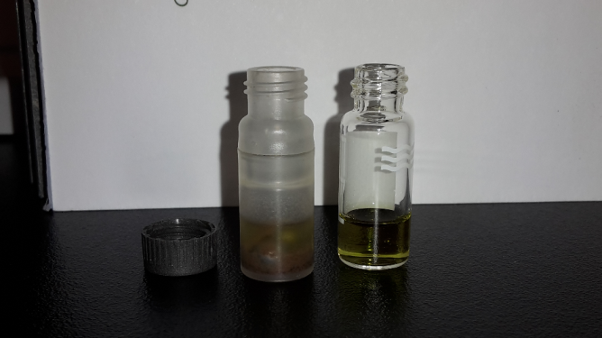 Polypropylene vial containing homogenised sample and glass vial containing sample extract after centrifugation